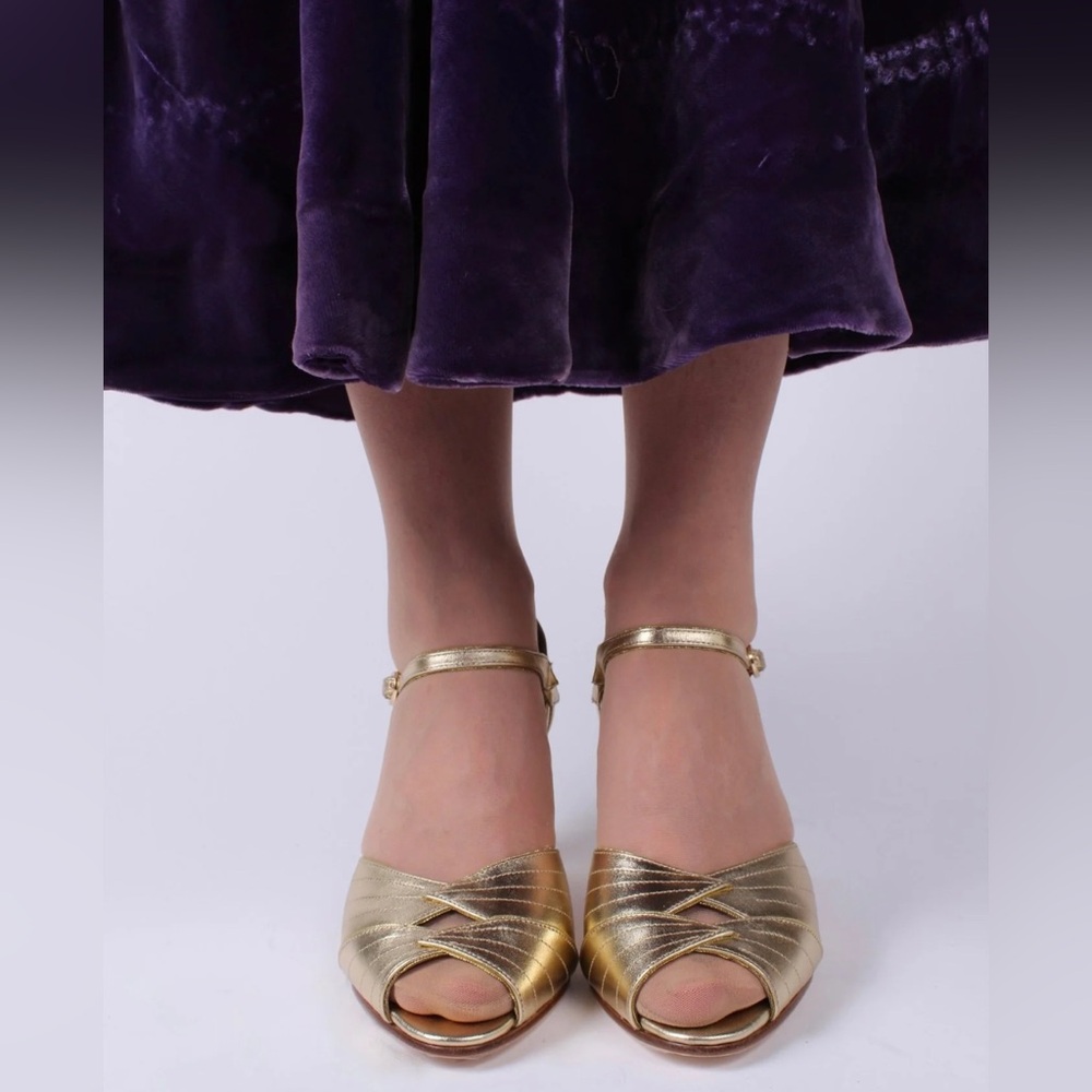 Elegant Leather Evening Shoes Spanish Heels Size 7W Gold 1920’s - Picture 5 of 13